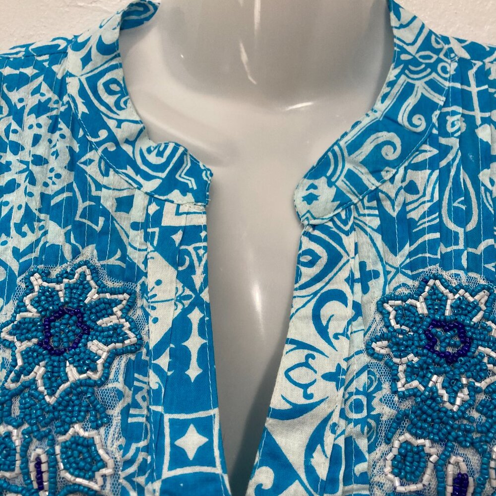 Siya Button up Dress Tiered Floral Beaded Pom Pom Hem Boho Cottagecore Blue L? - Picture 14 of 15